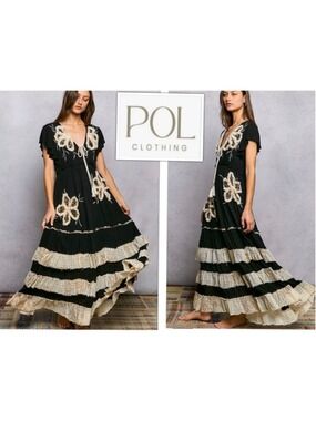 NEW Pol Free People Style Boho Lace Tiered Embroidered Patchwork Maxi Dress Sz M